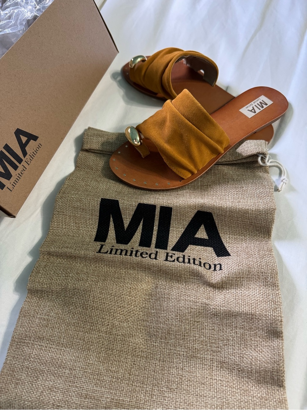 Limited Edition MIA Sandals deep mustard color with gold toe ring. 8.5